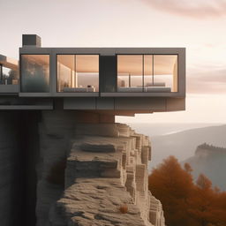 An ultra-detailed architectural photograph capturing a concept minimalist home perched precisely on the peak of a cliff.