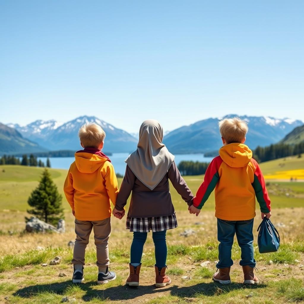 A hyper-realistic image of three children standing and holding hands, facing away from the viewer