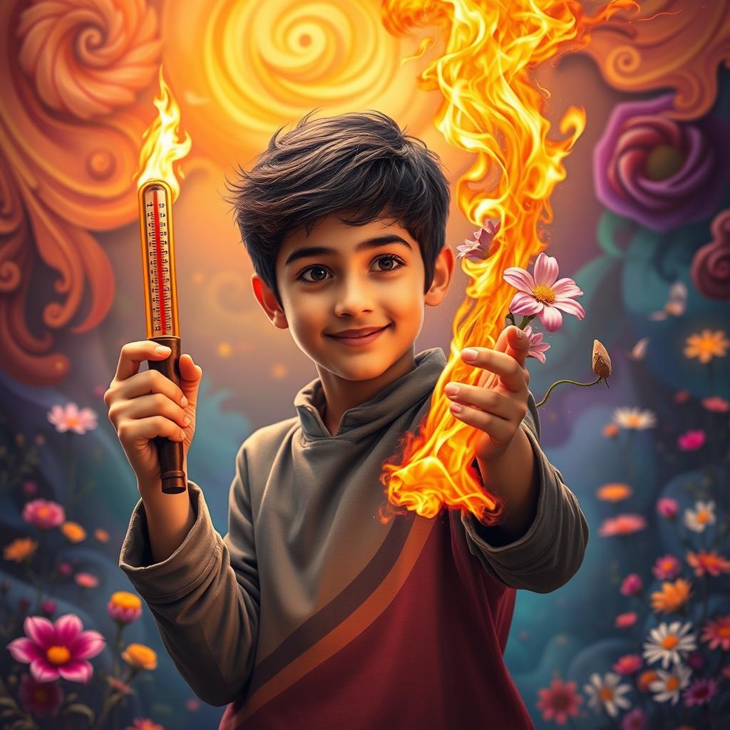 A 15-year-old Iranian boy with an adventurous expression, holding a magic wand resembling a thermometer