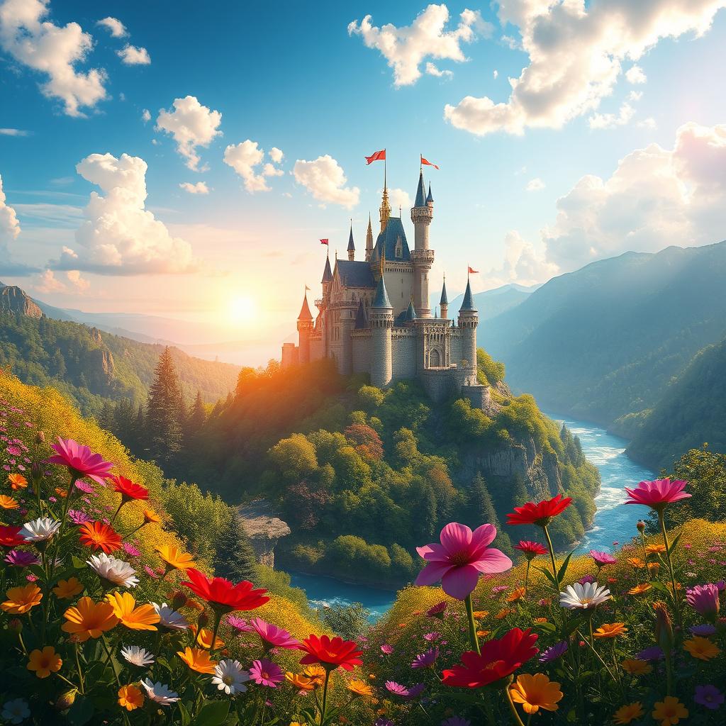 A stunning piece of digital art showcasing a vibrant fantasy landscape with a majestic castle on a hill, surrounded by lush forests and sparkling rivers