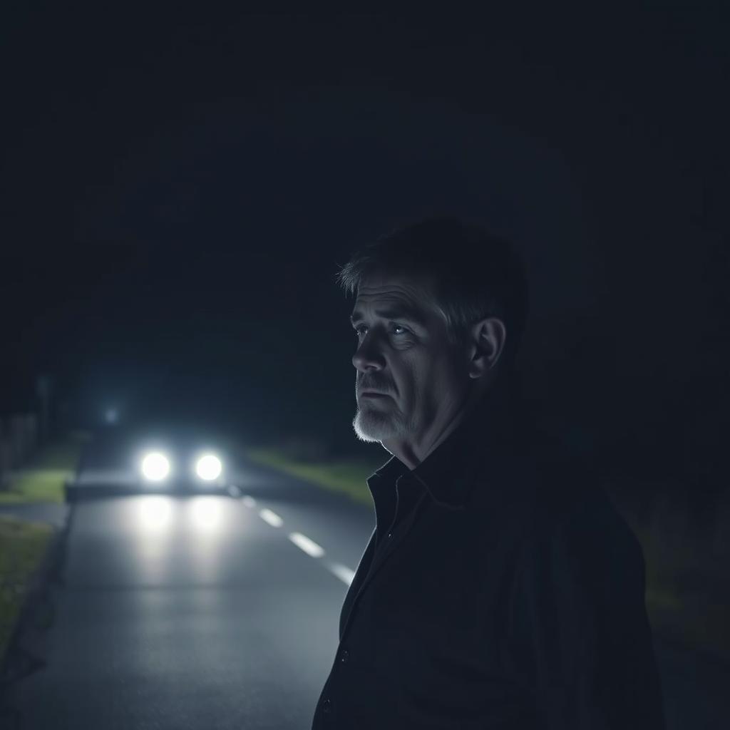 A middle-aged man named Ricardo stands by the side of a dark, empty road, his face reflecting a deep sense of contemplation and confusion