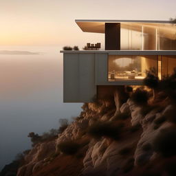 An ultra-detailed architectural photograph capturing a concept minimalist home perched precisely on the peak of a cliff.