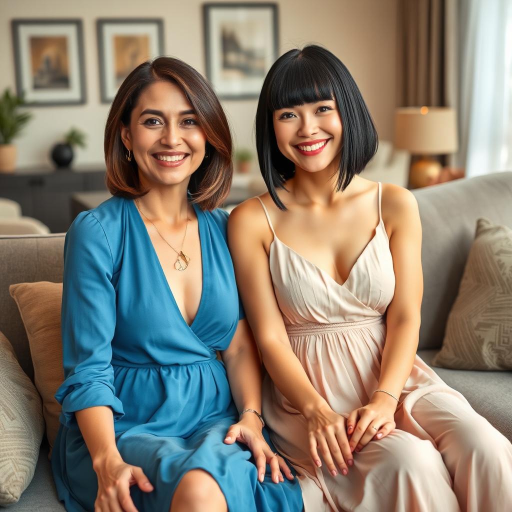 A heartwarming scene of a 30-year-old Armenian woman with sleek black bobbed hair and bangs, dressed in a beautiful sundress, sitting on a stylish couch
