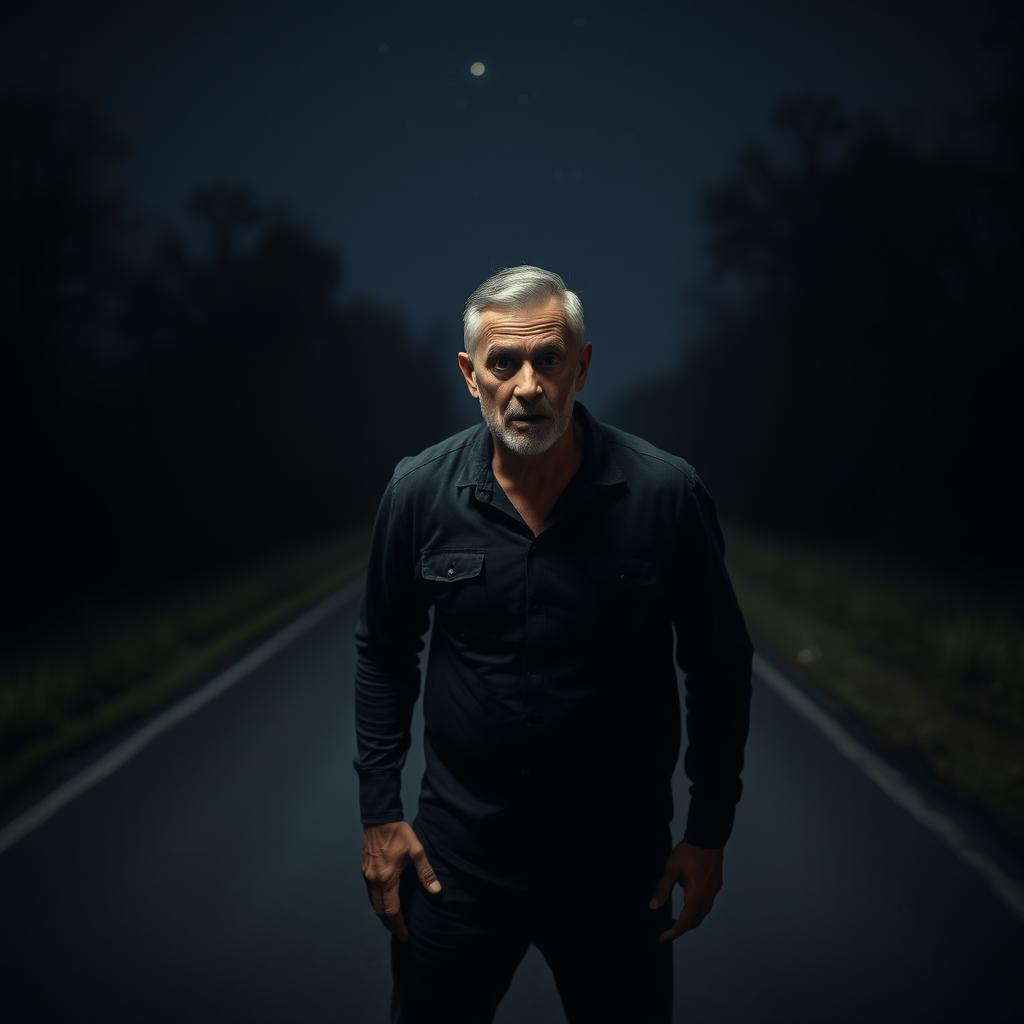 A middle-aged man stands on a dark road at night, visibly frightened as he hears footsteps approaching from behind