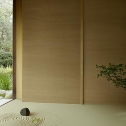 A high-definition photograph of a minimalist interior wall in Japandi style, accentuated with a zen sand rake and a tranquil pond.