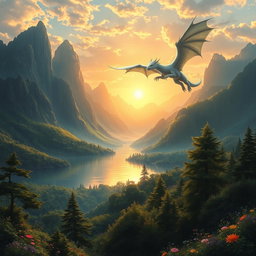 An exquisite digital painting of a grand fantasy landscape, featuring towering mountains covered in lush greenery, a vibrant sunrise casting golden rays over the scene