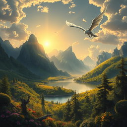 An exquisite digital painting of a grand fantasy landscape, featuring towering mountains covered in lush greenery, a vibrant sunrise casting golden rays over the scene
