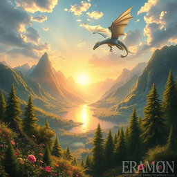 An exquisite digital painting of a grand fantasy landscape, featuring towering mountains covered in lush greenery, a vibrant sunrise casting golden rays over the scene