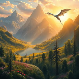 An exquisite digital painting of a grand fantasy landscape, featuring towering mountains covered in lush greenery, a vibrant sunrise casting golden rays over the scene