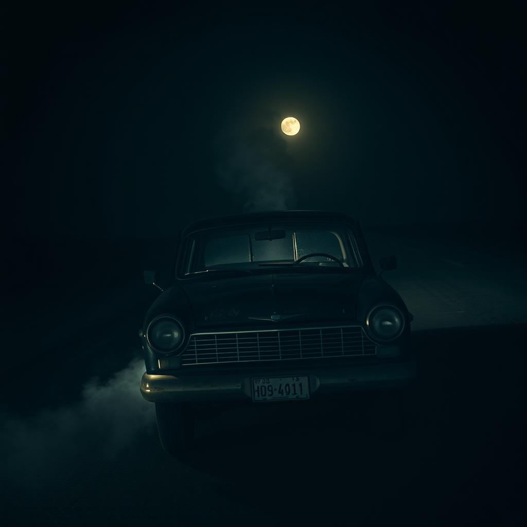 An old sedan breaks down on a dark road, the vehicle showing signs of mechanical failure like smoke rising from under the hood and dim headlights flickering