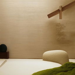 A high-definition photograph of a minimalist interior wall in Japandi style, accentuated with a zen sand rake and a tranquil pond.