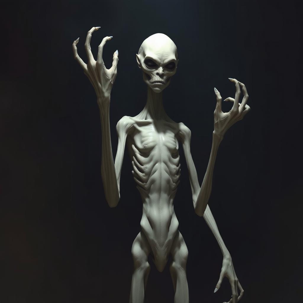 A tall, slender creature stands ominously, its pale, grayish skin glistening under the dim light