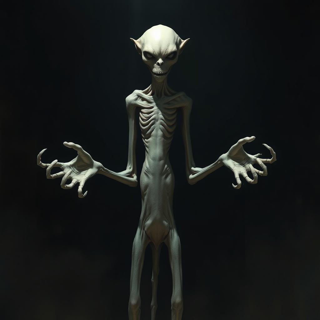 A tall, slender creature stands ominously in a dimly lit environment, featuring pale, grayish skin that seems to shimmer slightly in the low light