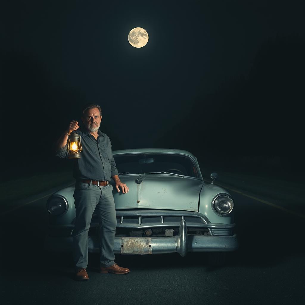 A middle-aged man stands beside his broken-down car on an empty, dark road, holding a lantern and scanning his surroundings with a vigilant expression
