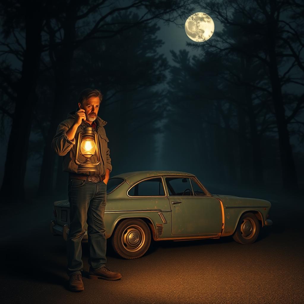 A middle-aged man stands beside his broken-down car on an empty, dark road, holding a lantern and cautiously looking around