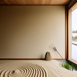 A high-definition photograph of a minimalist interior wall in Japandi style, accentuated with a zen sand rake and a tranquil pond.