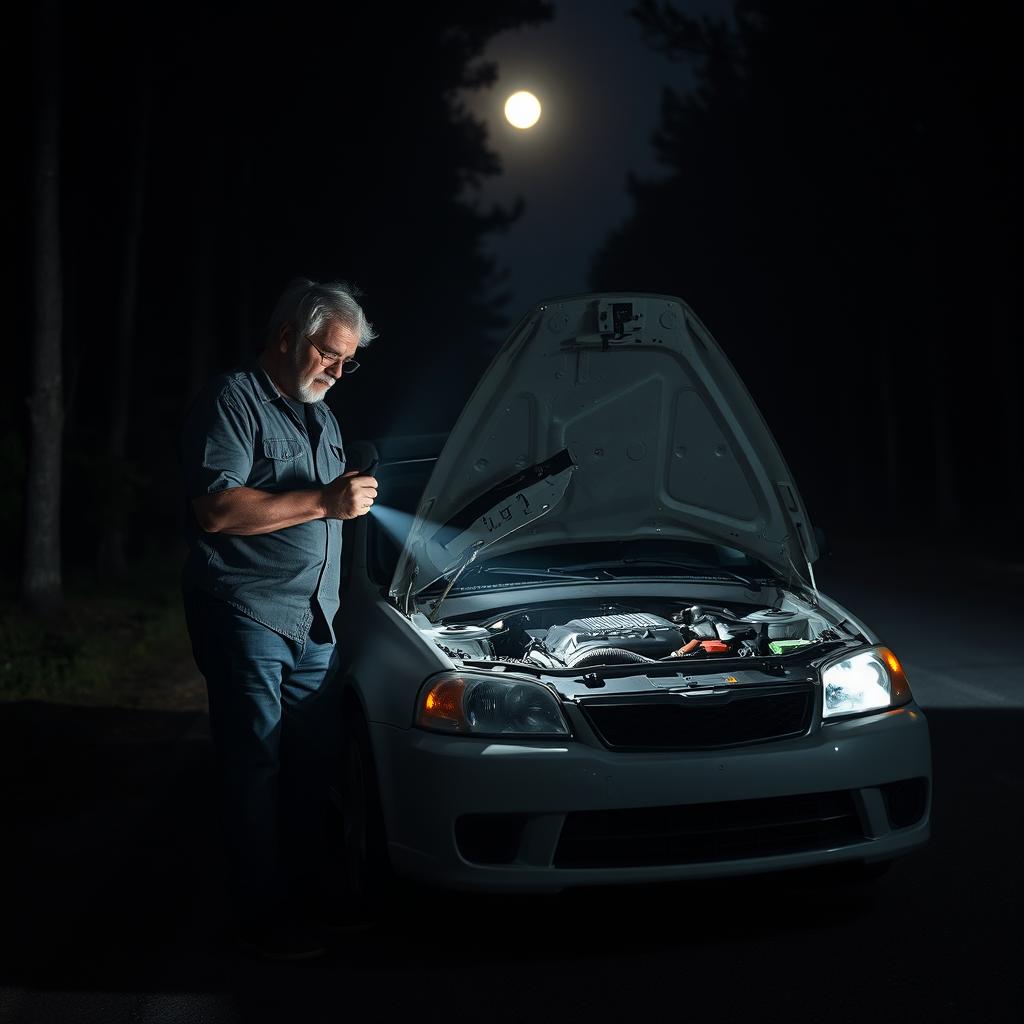 A middle-aged man working on his car engine that has broken down on a dark, empty road, illuminated by a flashlight