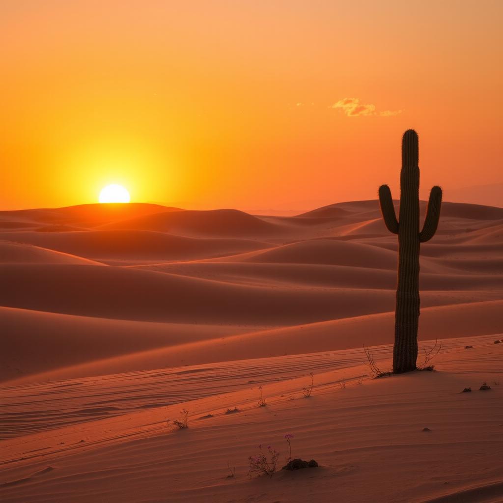 A beautiful sunrise over a tranquil desert landscape, featuring rolling sand dunes illuminated by the warm golden rays of the sun