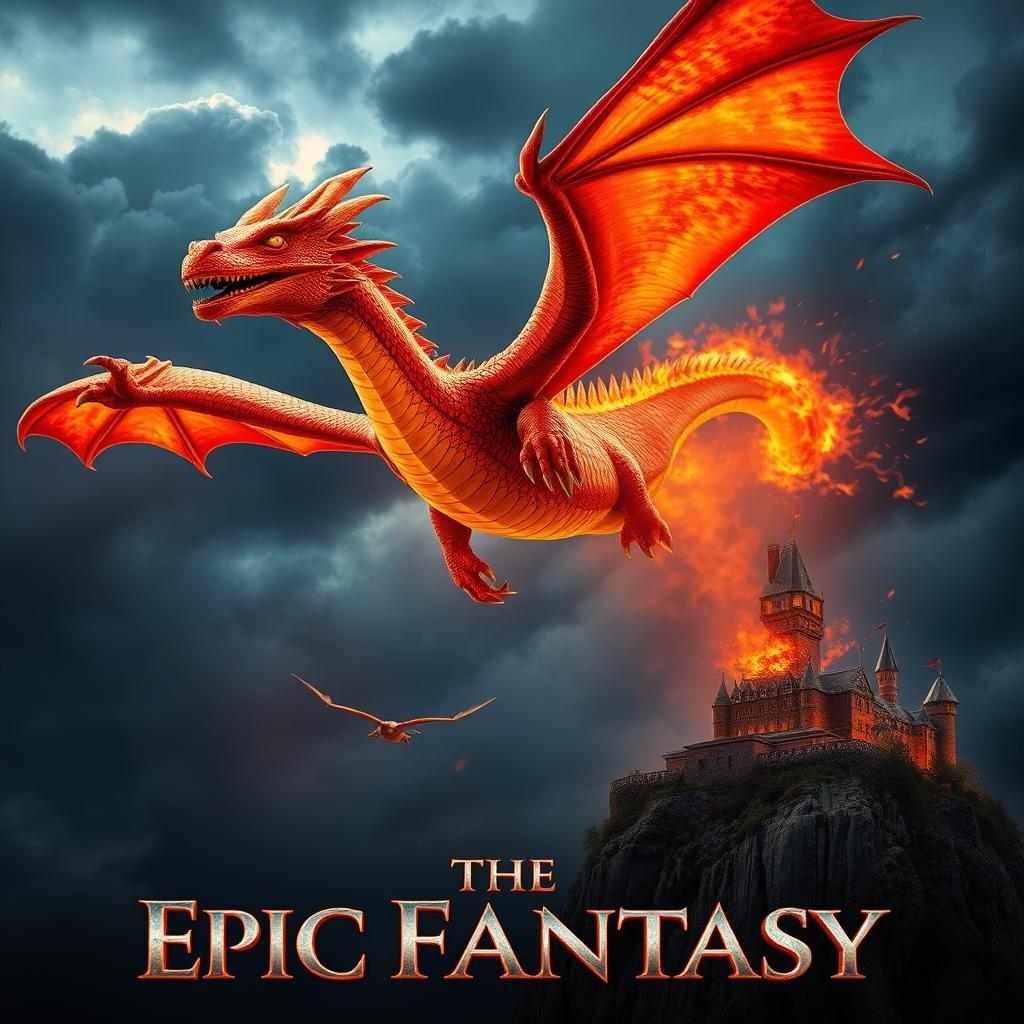 A cinematic movie poster featuring a majestic fire-breathing dragon soaring through a dramatic sky filled with dark clouds and bursts of flames