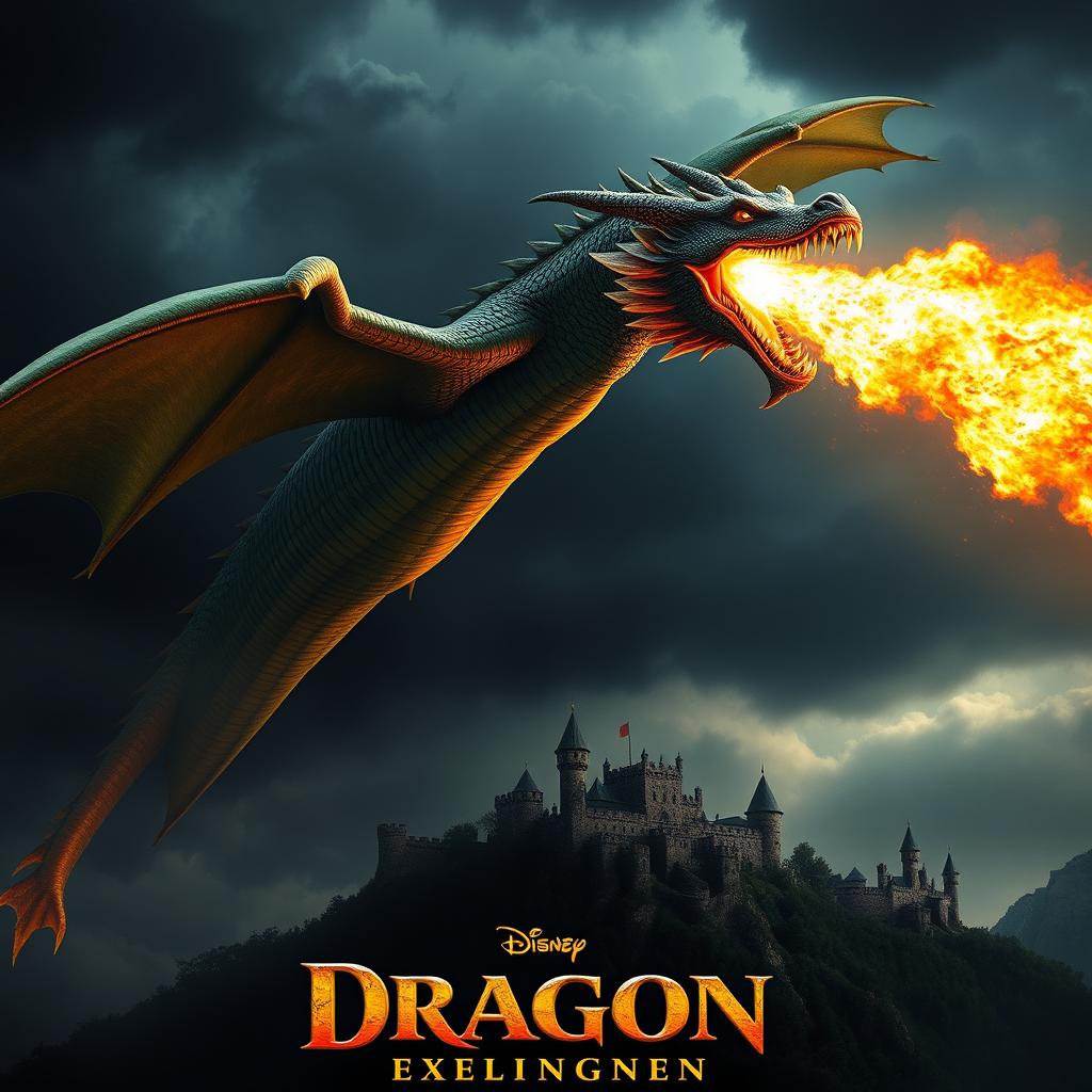 A dramatic movie poster featuring a fire-breathing dragon soaring over a mystical landscape