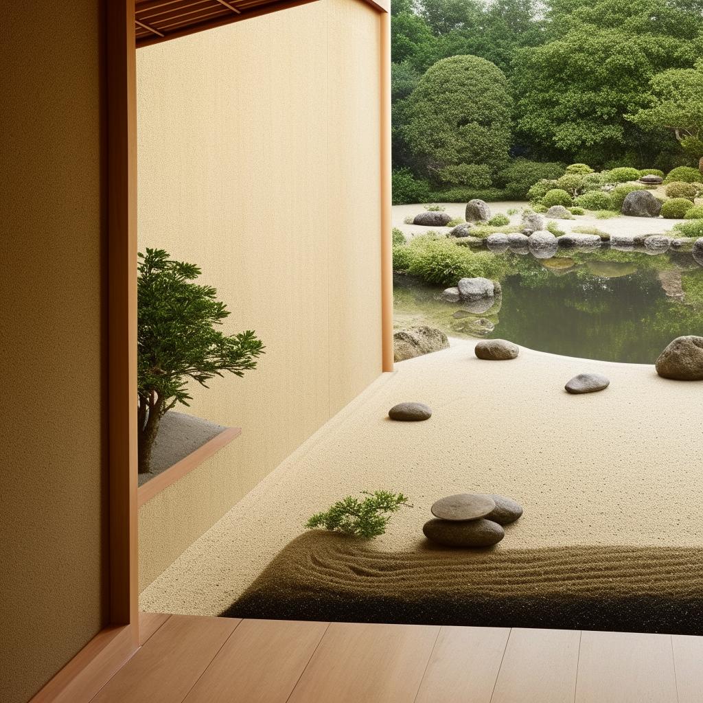 A high-definition photograph of a minimalist interior wall in Japandi style, accentuated with a zen sand rake and a tranquil pond.