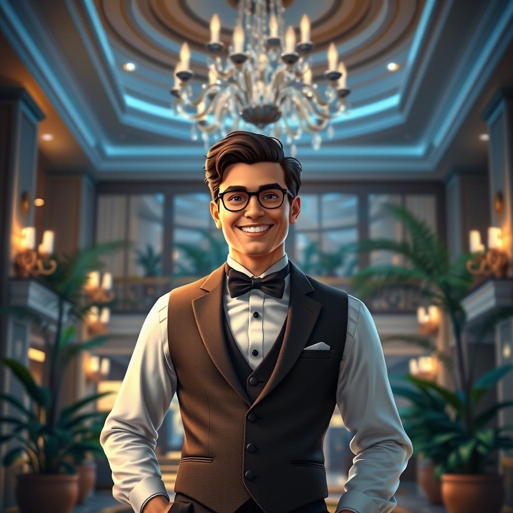 An artistic portrayal of a character named Charlie from a fictional setting inspired by a hotel theme
