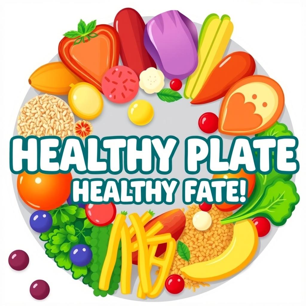 A visually appealing illustration featuring a vibrant, colorful plate filled with a variety of healthy foods such as fresh fruits, vegetables, lean proteins, and whole grains