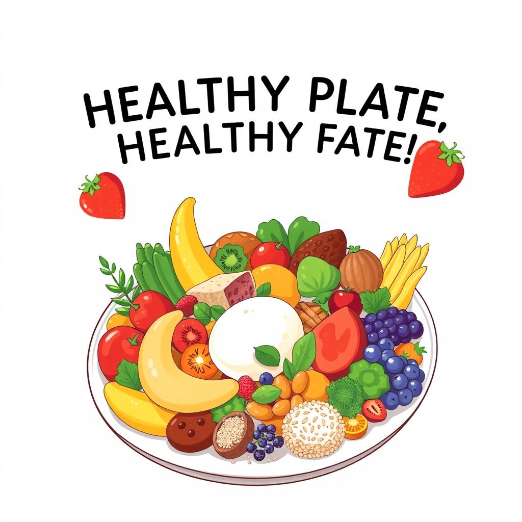 An illustration designed for a 1/5 sized board, showcasing a compelling visual of a healthy plate filled with a variety of fresh, colorful fruits, vegetables, lean proteins, and whole grains