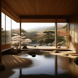 Ultra-detailed photograph of a Japandi minimalist interior, featuring elements like a sand rake and a serene pond.