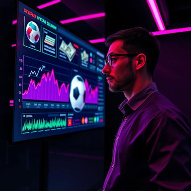 A futuristic digital screen showcasing vibrant sports graphs, a realistic soccer ball, and floating stacks of money