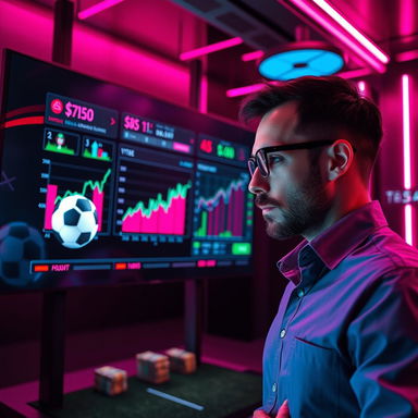 A futuristic digital screen showcasing vibrant sports graphs, a realistic soccer ball, and floating stacks of money
