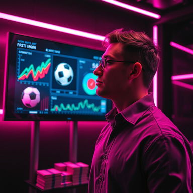 A futuristic digital screen showcasing vibrant sports graphs, a realistic soccer ball, and floating stacks of money
