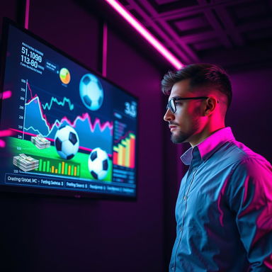 A futuristic digital screen showcasing vibrant sports graphs, a realistic soccer ball, and floating stacks of money