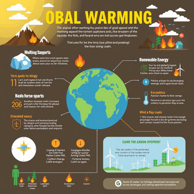 An engaging and informative infographic about global warming, featuring key statistics, causes, and effects