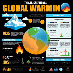 An engaging and informative infographic about global warming, featuring key statistics, causes, and effects