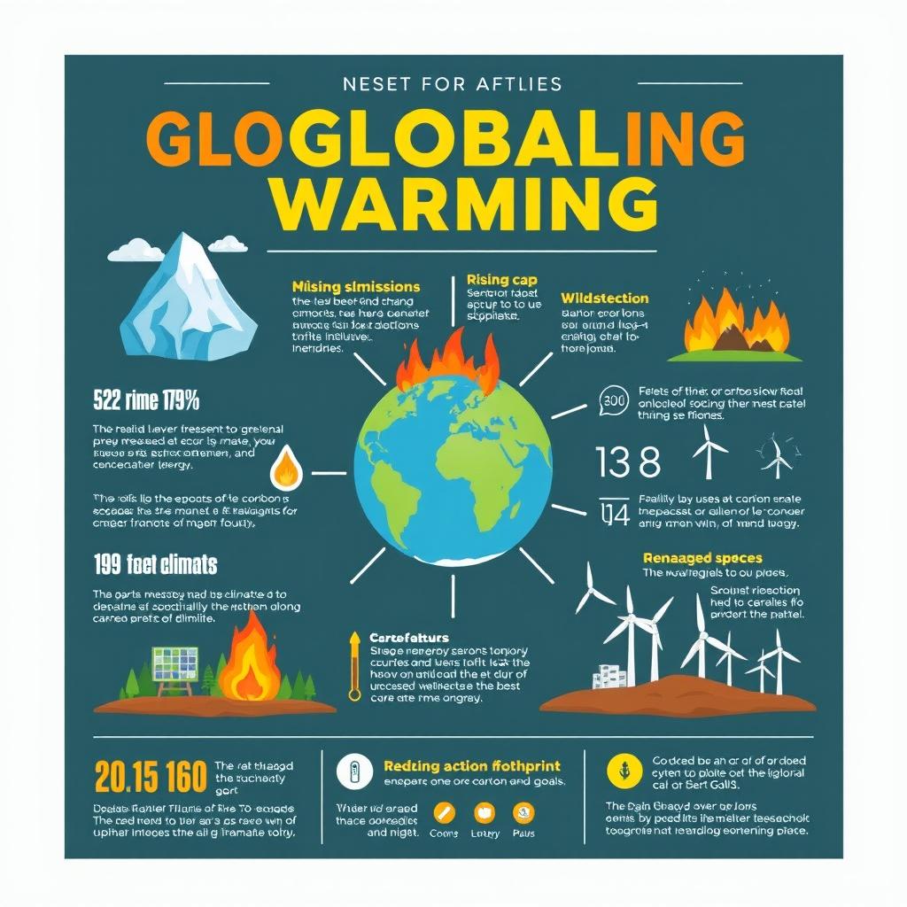 An engaging and informative infographic about global warming, featuring key statistics, causes, and effects