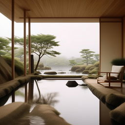 Ultra-detailed photograph of a Japandi minimalist interior, featuring elements like a sand rake and a serene pond.