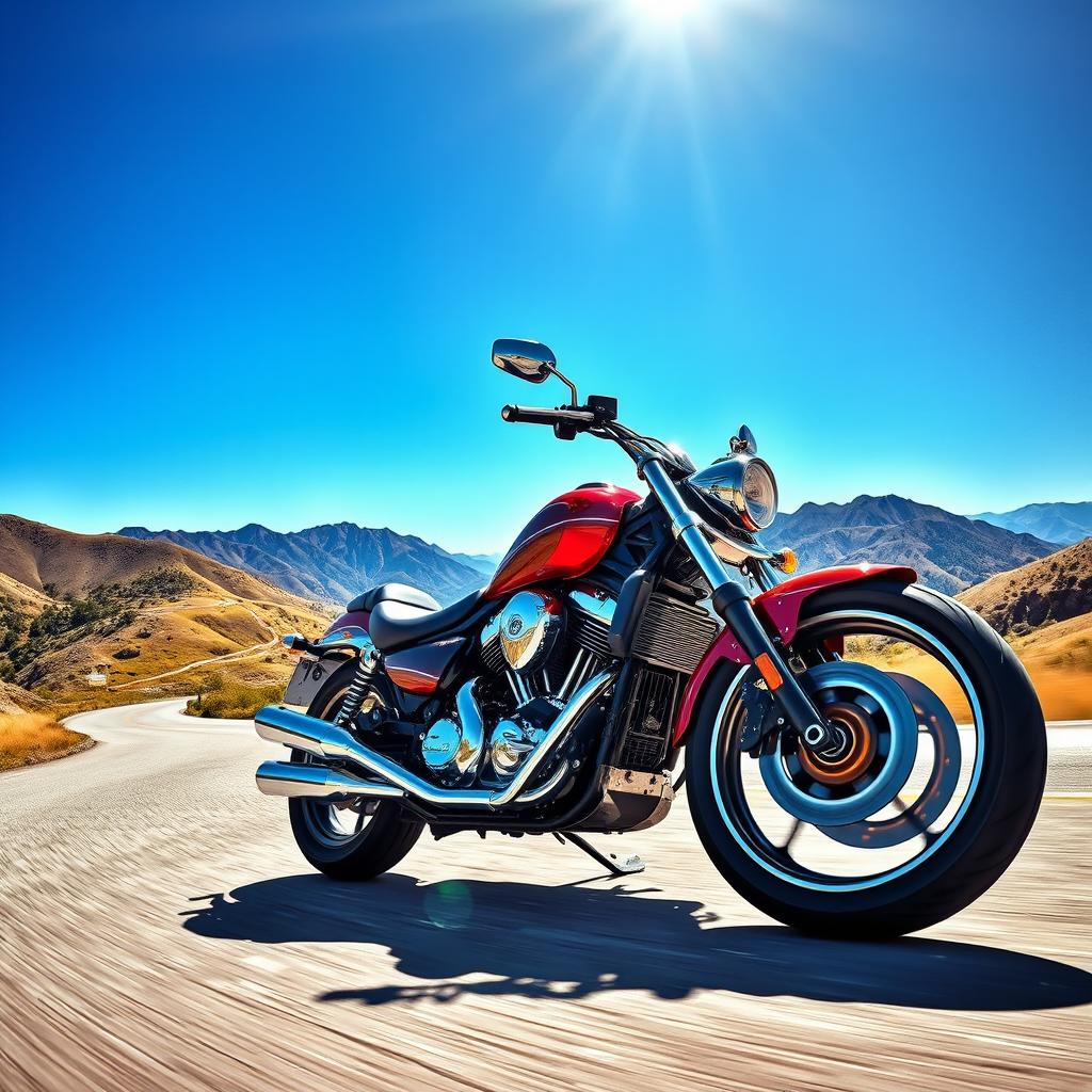 A powerful motorcycle on an open road surrounded by picturesque mountain scenery
