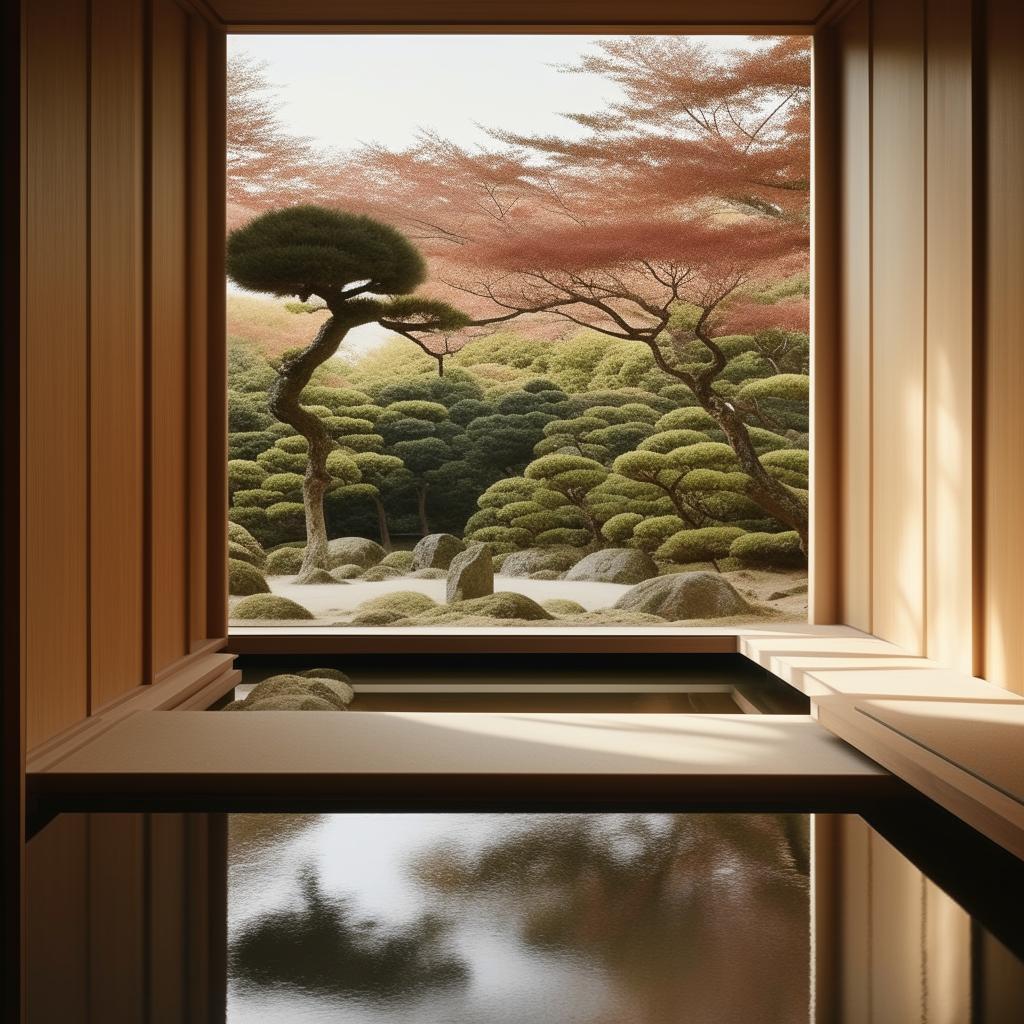 Ultra-detailed photograph of a Japandi minimalist interior, featuring elements like a sand rake and a serene pond.