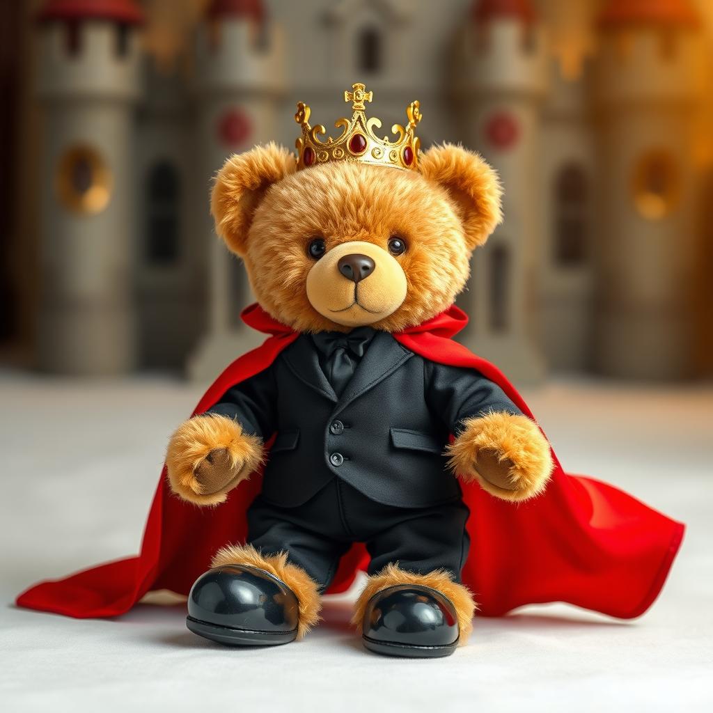 A cute teddy bear dressed as a king, wearing a sleek black suit with polished black shoes, adorned with a flowing red cape that drapes elegantly behind it