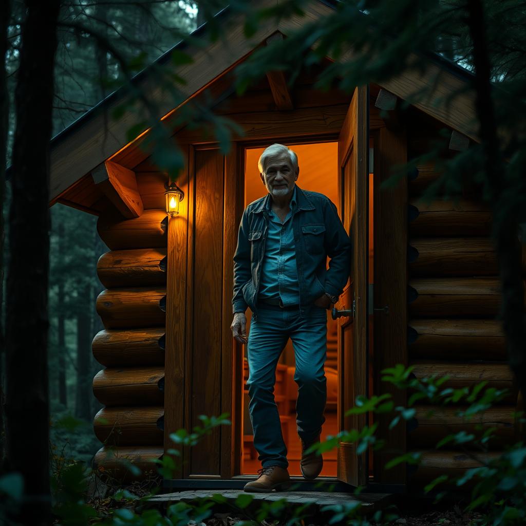 A middle-aged man entering through the wooden door of a cozy cabin, situated in a dark forest