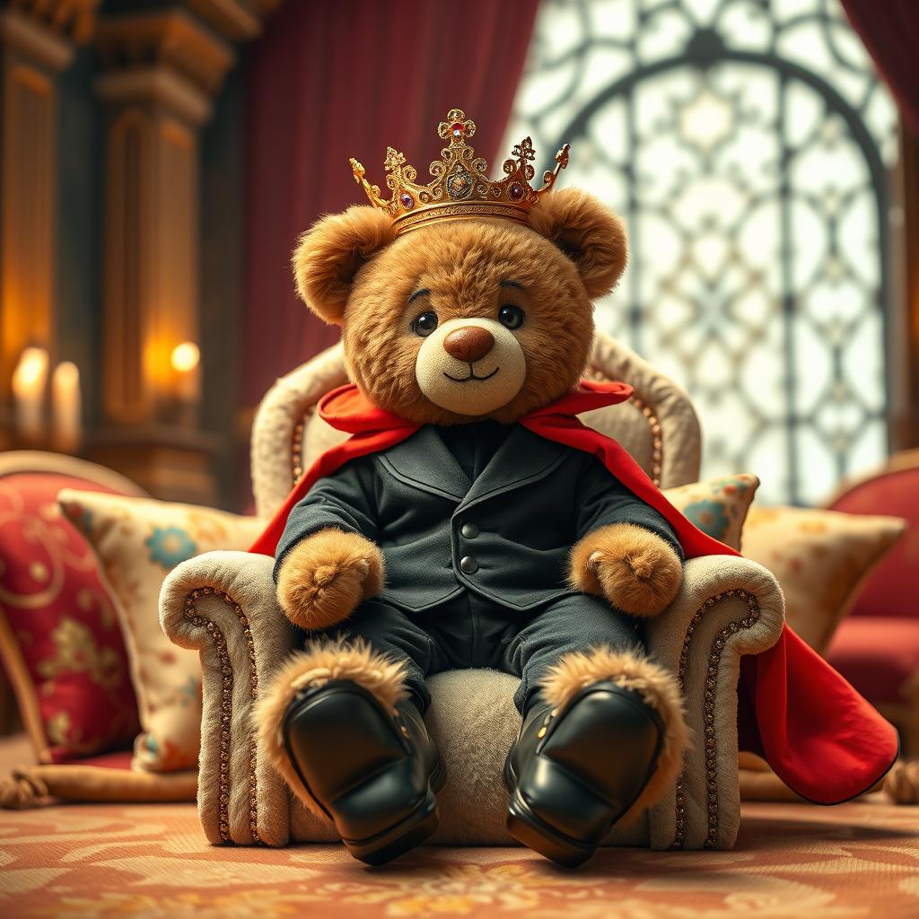 A cute teddy bear dressed as a king, wearing a stylish black suit and shiny black shoes