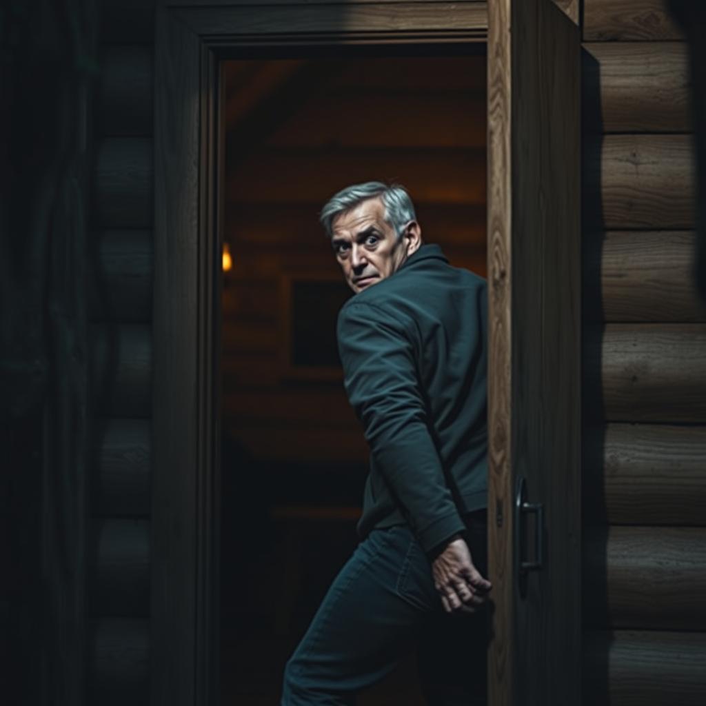 A middle-aged man with a terrified expression desperately entering through the wooden door of a cozy cabin, located in a dark and foreboding forest