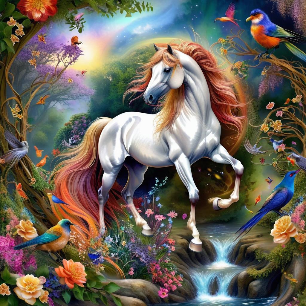 A mystical and spiritual image of the whole body of a cute and delicate horse in a colorful, surrounded by flowers and vines and beautiful birds , a dreamy and mystical garden hidden in heaven, twisting bonsai trees in the background and exotic flowers with a rotating and cosmic background