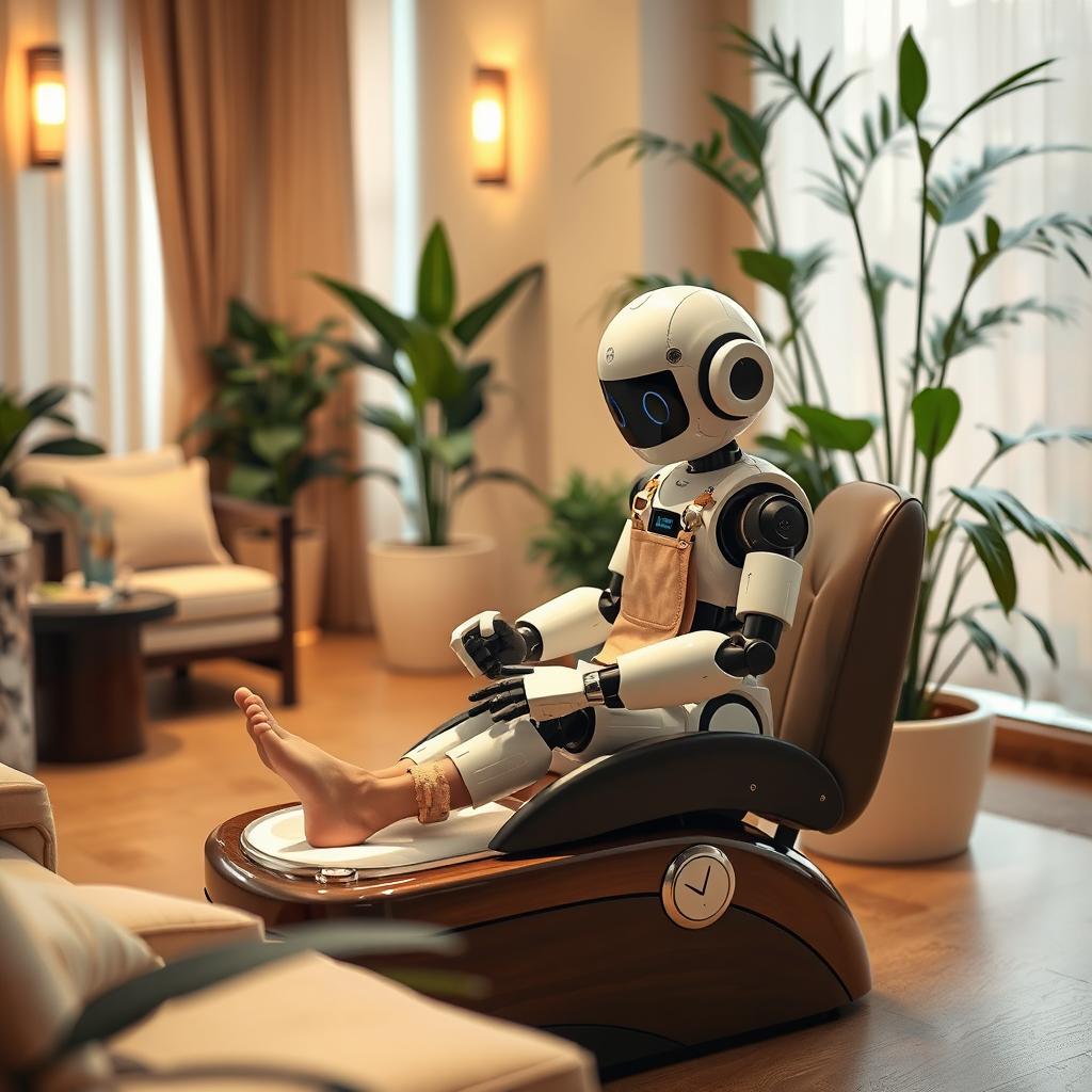 A cozy spa setting featuring a pedicure area where a mini humanoid robot is performing a pedicure treatment