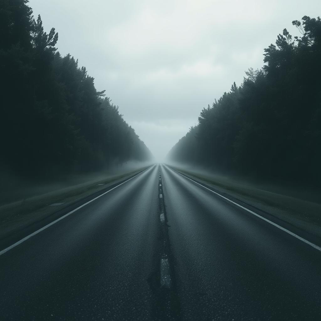 An empty and dark road stretching into the distance, surrounded by dense trees that create a sense of isolation