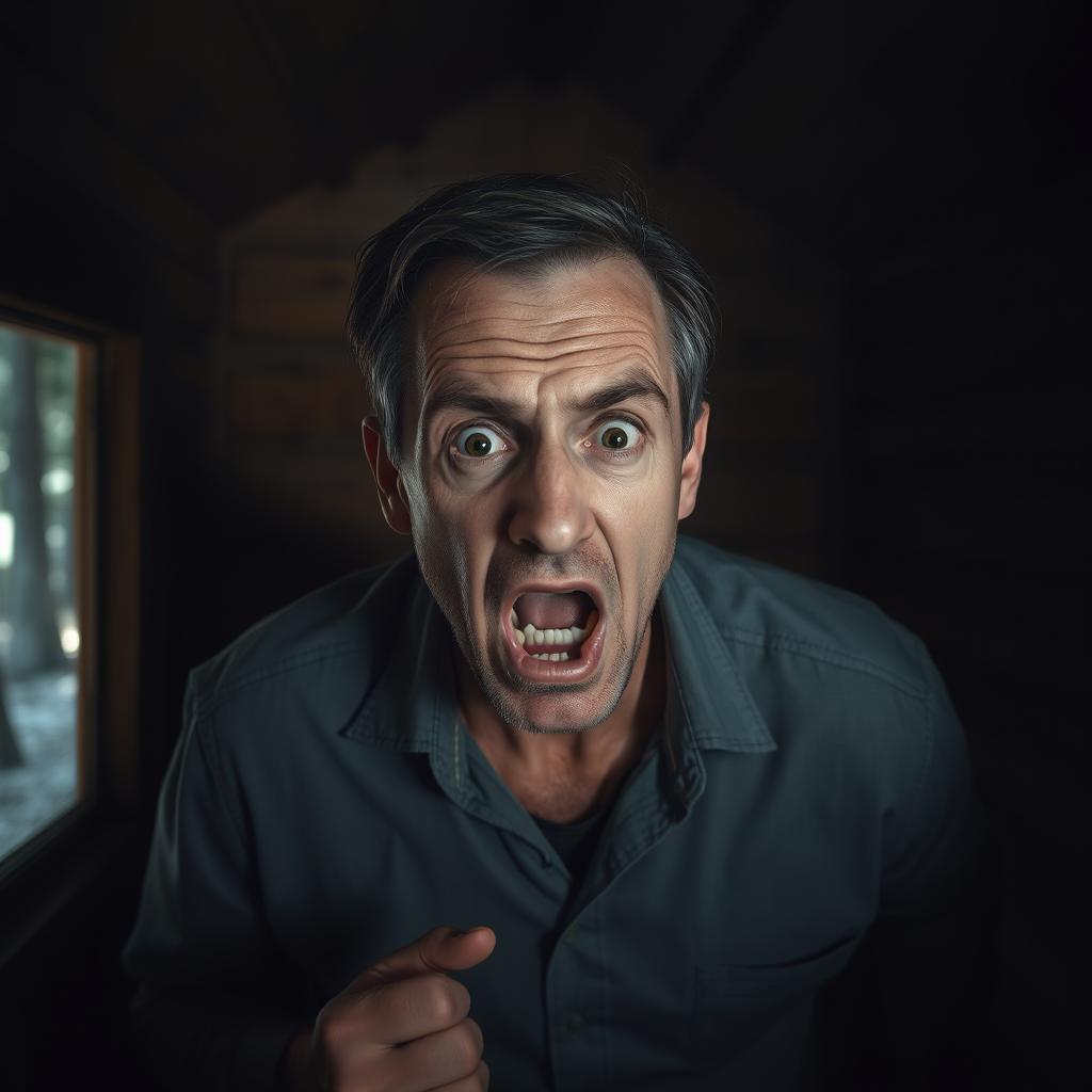 A middle-aged man with a look of terror on his face, pleading for help inside a wooden cabin