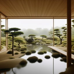 Ultra-detailed photograph of a Japandi minimalist interior, featuring elements like a sand rake and a serene pond.