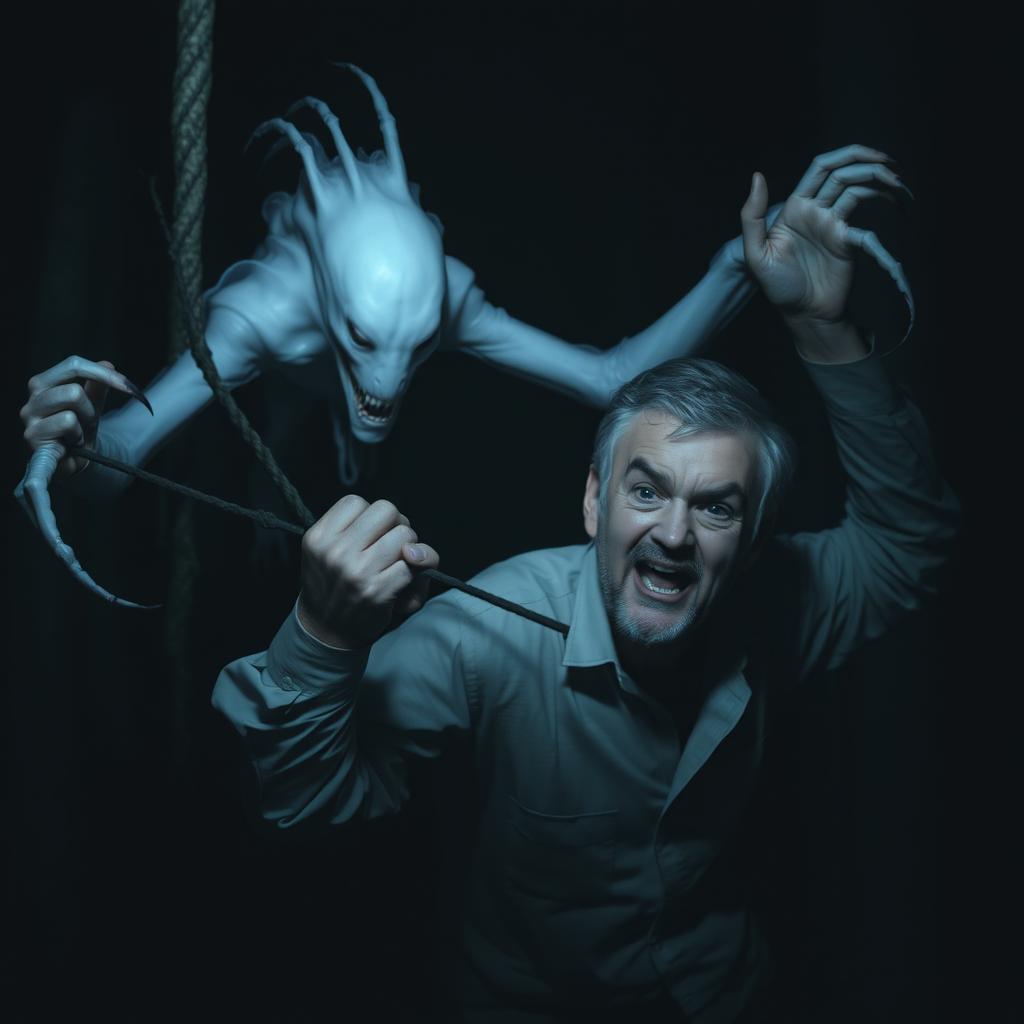 A white, ethereal creature with long, spindly hands pulling a middle-aged man into darkness