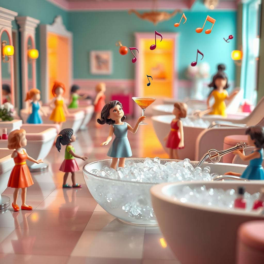 A whimsical and surreal scene depicting a vibrant pedicure salon floor, where miniature people dressed in colorful pedicure uniforms are happily engaged in various activities
